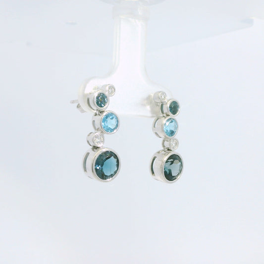 Round Bezel Set Blue Topaz and Diamond Earrings